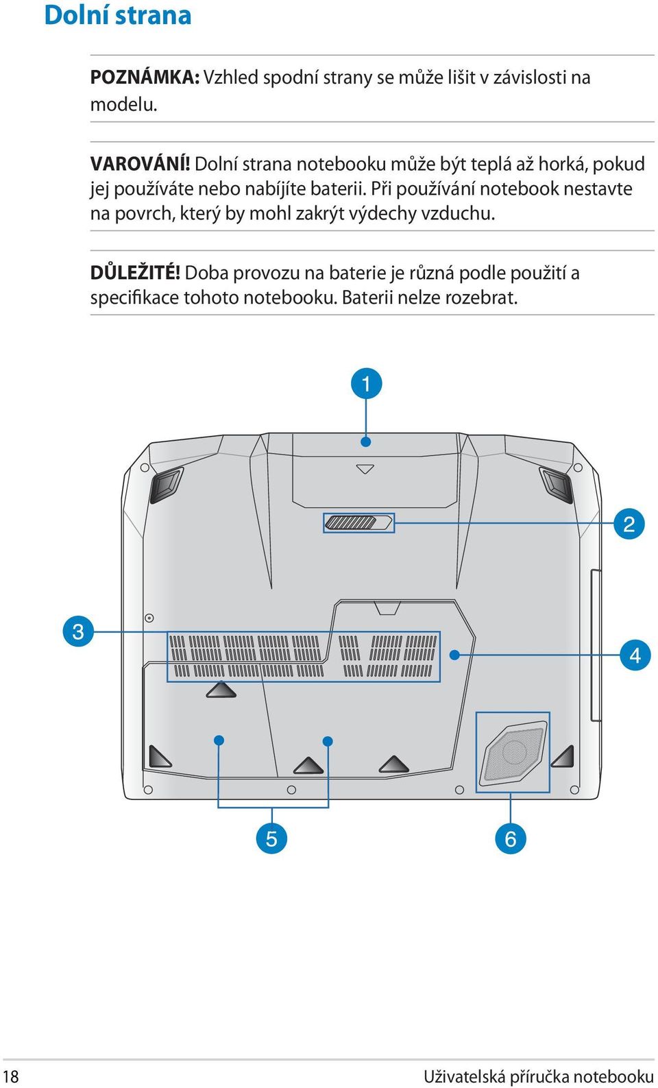 Při používání notebook nestavte na povrch, který by mohl zakrýt výdechy vzduchu. DŮLEŽITÉ!