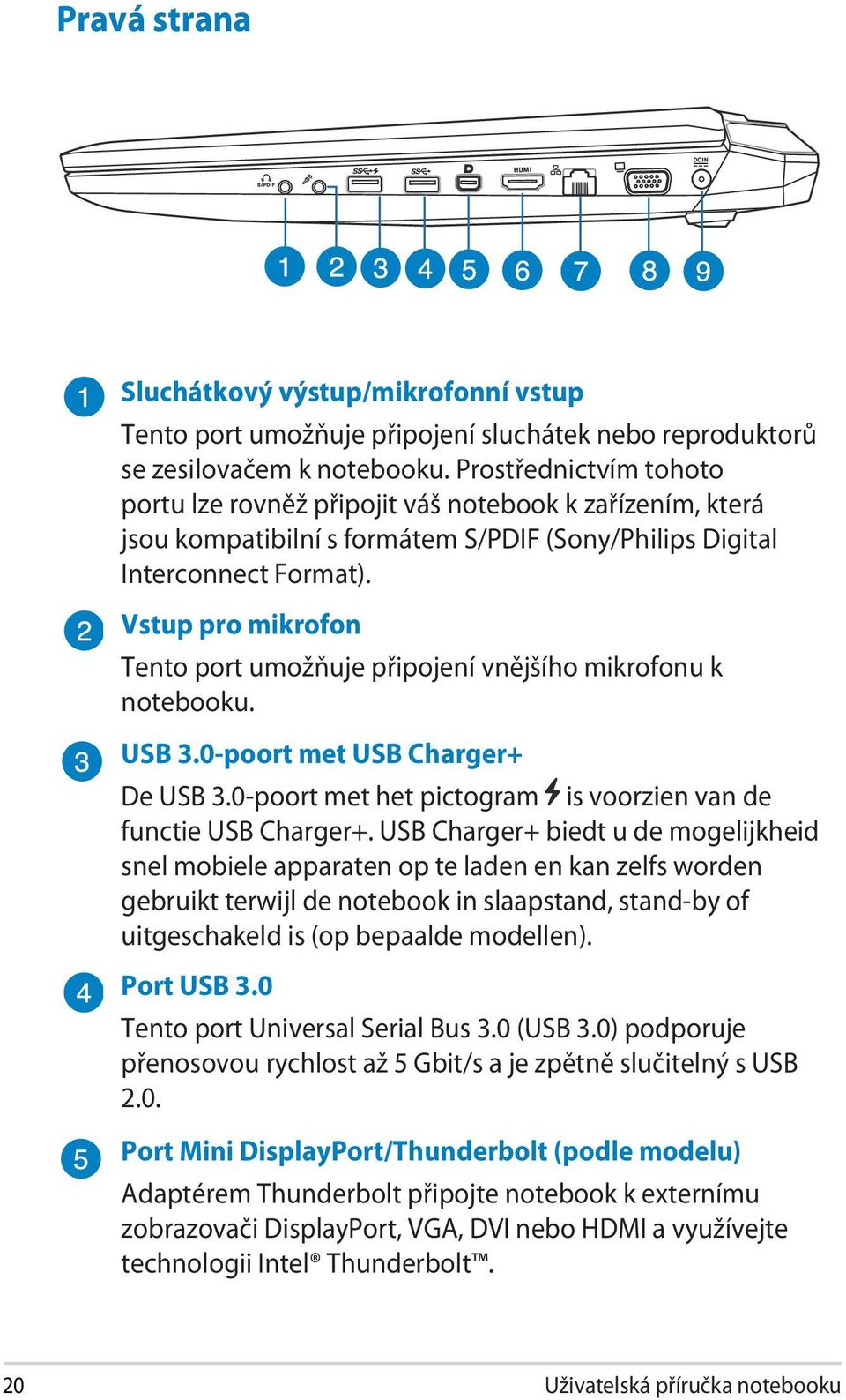 Vstup pro mikrofon Tento port umožňuje připojení vnějšího mikrofonu k notebooku. USB 3.0-poort met USB Charger+ De USB 3.0-poort met het pictogram is voorzien van de functie USB Charger+.