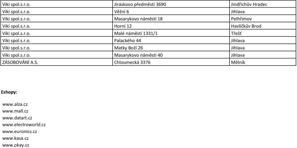 s.r.o. Masarykovo náměstí 40 Jihlava ZÁSOBOVÁNÍ A.S. Chloumecká 3376 Mělník Eshopy: www.alza.cz www.mall.cz www.datart.