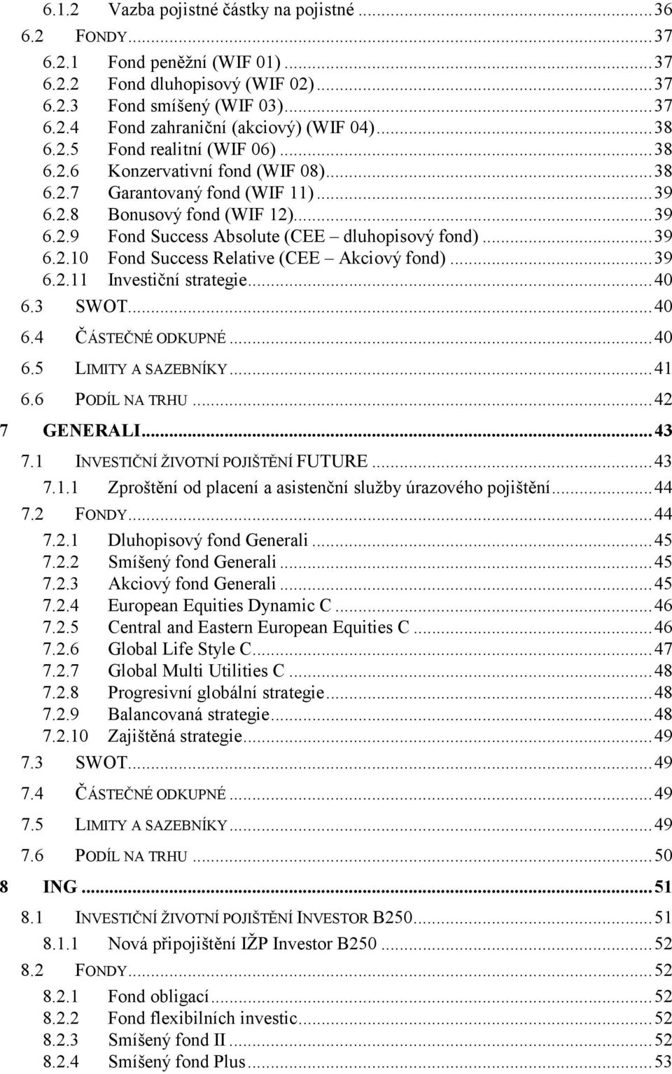 .. 39 6.2.10 Fond Success Relative (CEE Akciový fond)... 39 6.2.11 Investiční strategie... 40 6.3 SWOT... 40 6.4 ČÁSTEČNÉ ODKUPNÉ... 40 6.5 LIMITY A SAZEBNÍKY... 41 6.6 PODÍL NA TRHU... 42 7 GE ERALI.