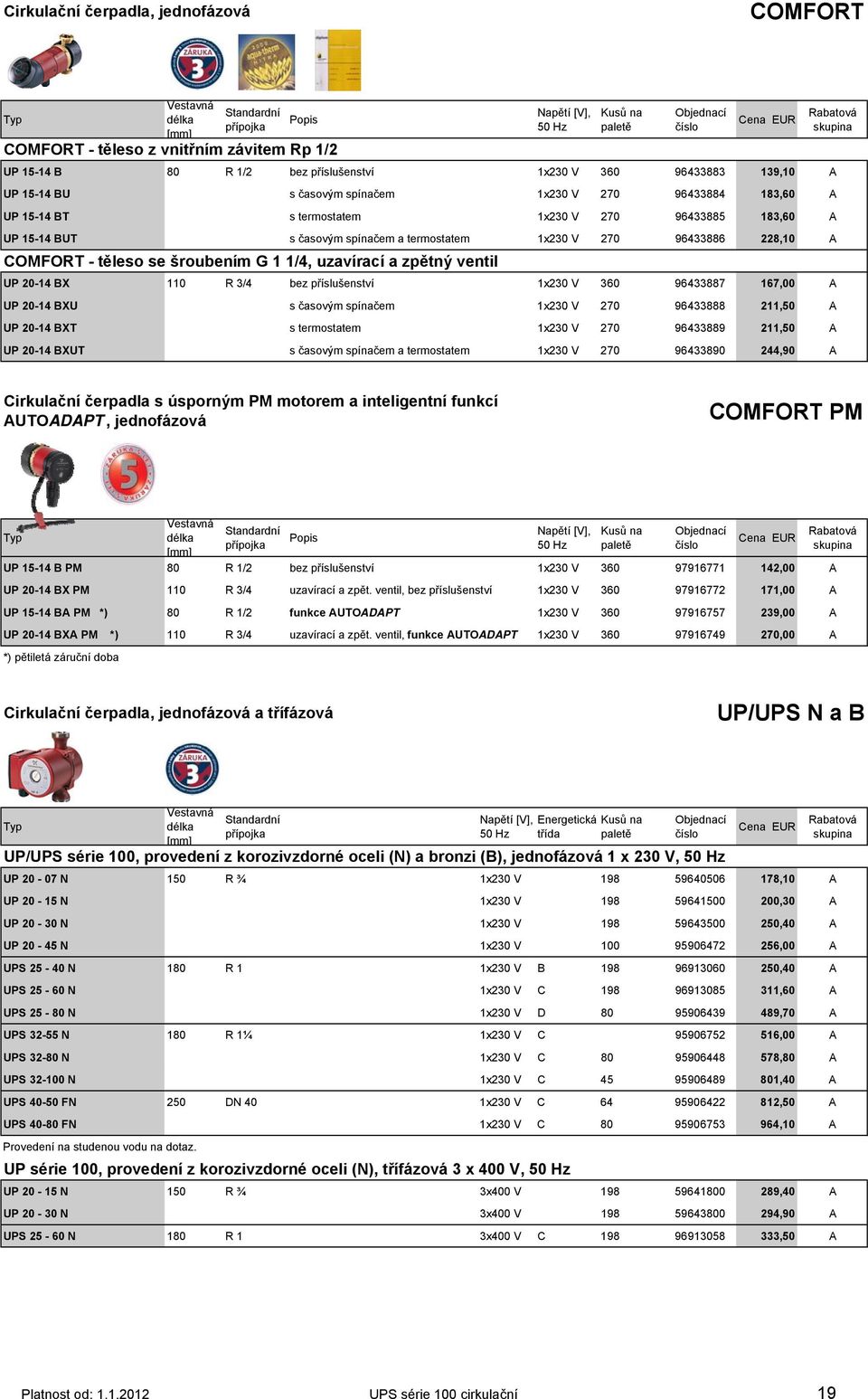 V 270 96433886 228,10 A COMFORT - těleso se šroubením G 1 1/4, uzavírací a zpětný ventil UP 20-14 BX 110 R 3/4 bez příslušenství 1x230 V 360 96433887 167,00 A UP 20-14 BXU s časovým spínačem 1x230 V