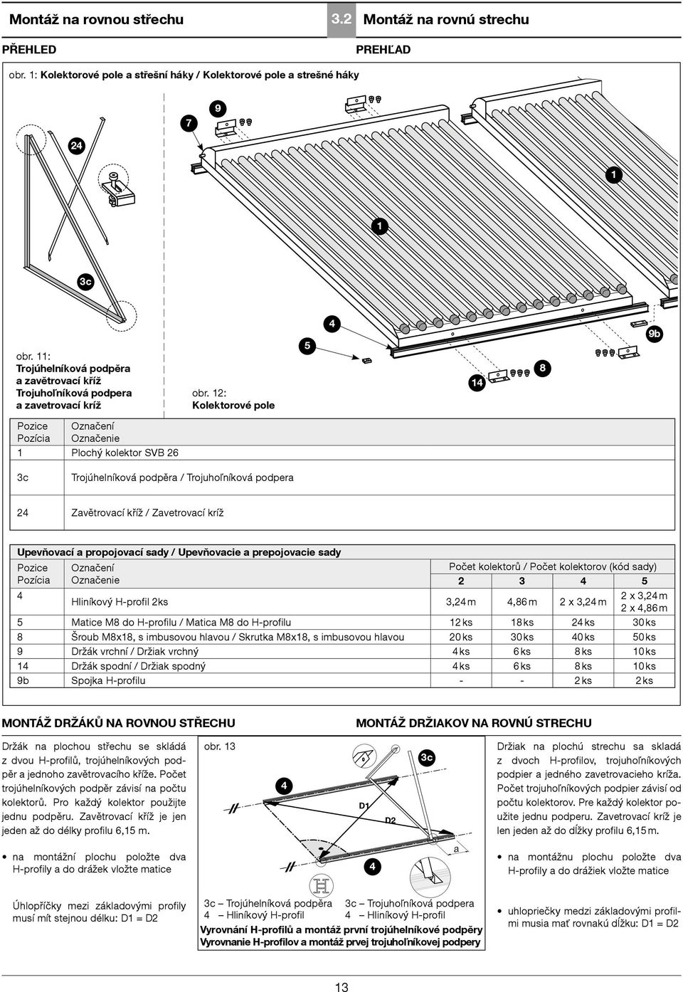 12: Kolektorové pole 5 4 14 8 9b Pozice Pozícia Označení Označenie 1 Plochý kolektor SVB 26 3c Trojúhelníková podpěra / Trojuhoľníková podpera 24 Zavětrovací kříž / Zavetrovací kríž Upevňovací a