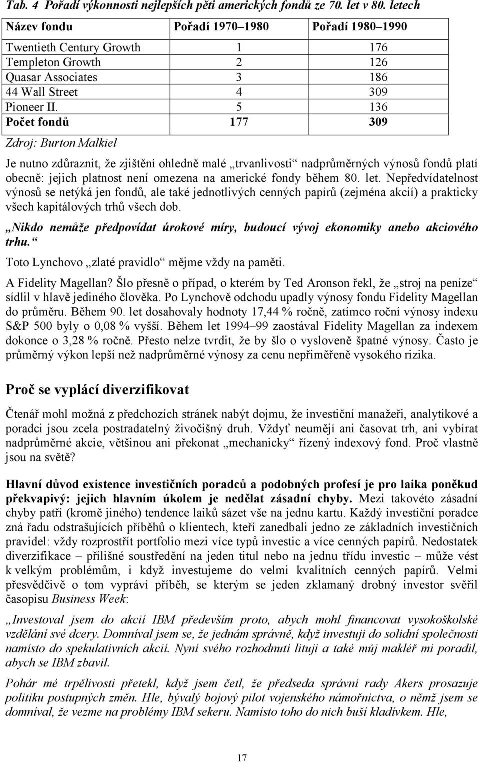 5 136 Počet fondů 177 309 Zdroj: Burton Malkiel Je nutno zdůraznit, že zjištění ohledně malé trvanlivosti nadprůměrných výnosů fondů platí obecně: jejich platnost není omezena na americké fondy během