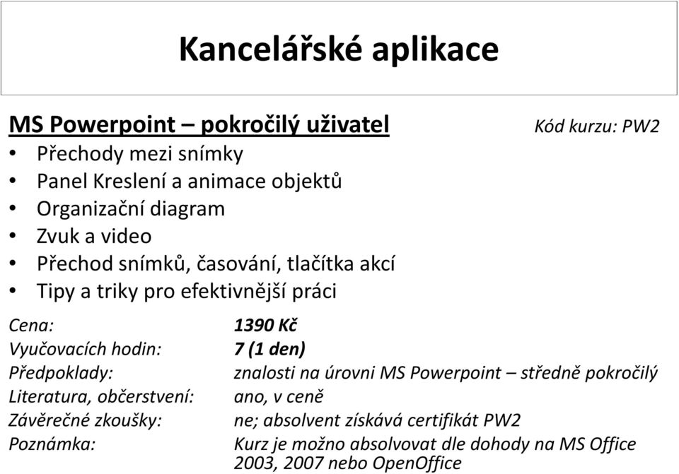 časování, tlačítka akcí Kód kurzu: PW2 1390 Kč 7 (1 den) znalosti na