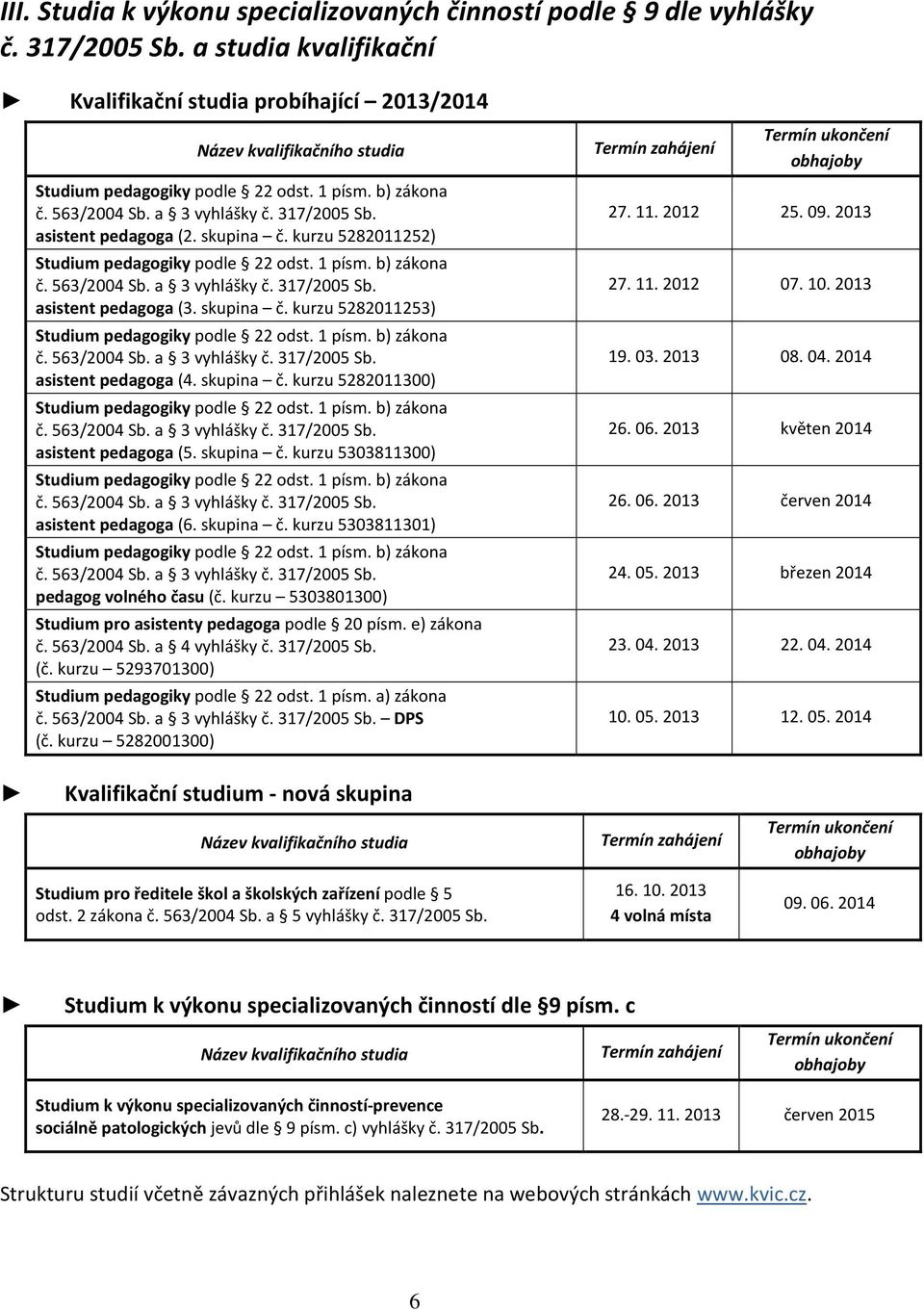 asistent pedagoga (2. skupina č. kurzu 5282011252) Studium pedagogiky podle 22 odst. 1 písm. b) zákona č. 563/2004 Sb. a 3 vyhlášky č. 317/2005 Sb. asistent pedagoga (3. skupina č. kurzu 5282011253) Studium pedagogiky podle 22 odst.