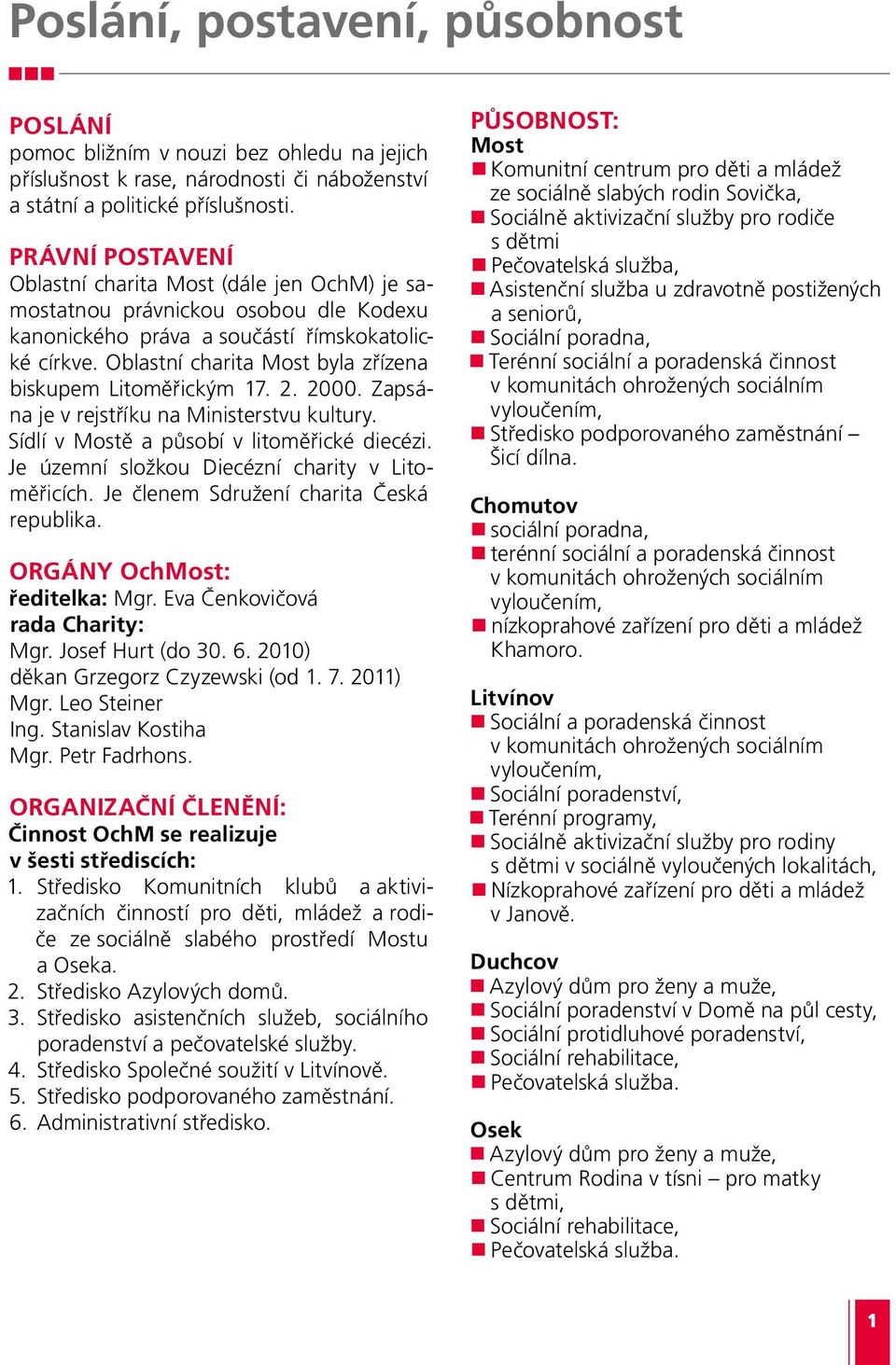 Oblastní charita Most byla zřízena biskupem Litoměřickým 17. 2. 2000. Zapsána je v rejstříku na Ministerstvu kultury. Sídlí v Mostě a působí v litoměřické diecézi.