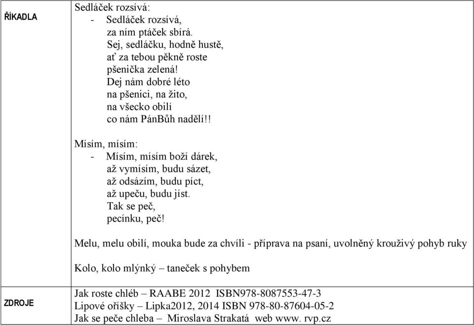 ! Mísím, mísím: - Mísím, mísím boží dárek, až vymísím, budu sázet, až odsázím, budu píct, až upeču, budu jíst. Tak se peč, pecínku, peč!