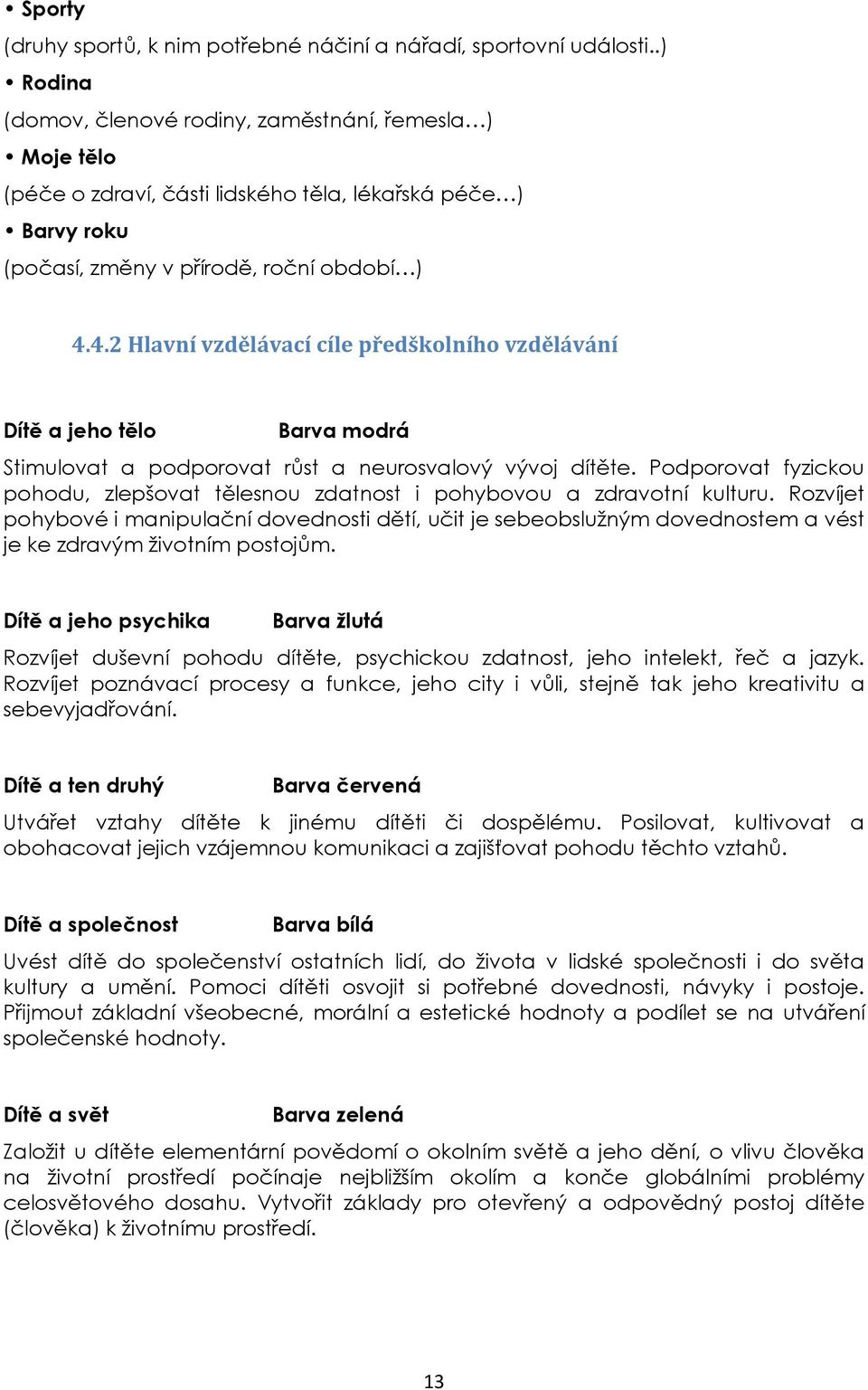 4.2 Hlavní vzdělávací cíle předškolního vzdělávání Dítě a jeho tělo Barva modrá Stimulovat a podporovat růst a neurosvalový vývoj dítěte.