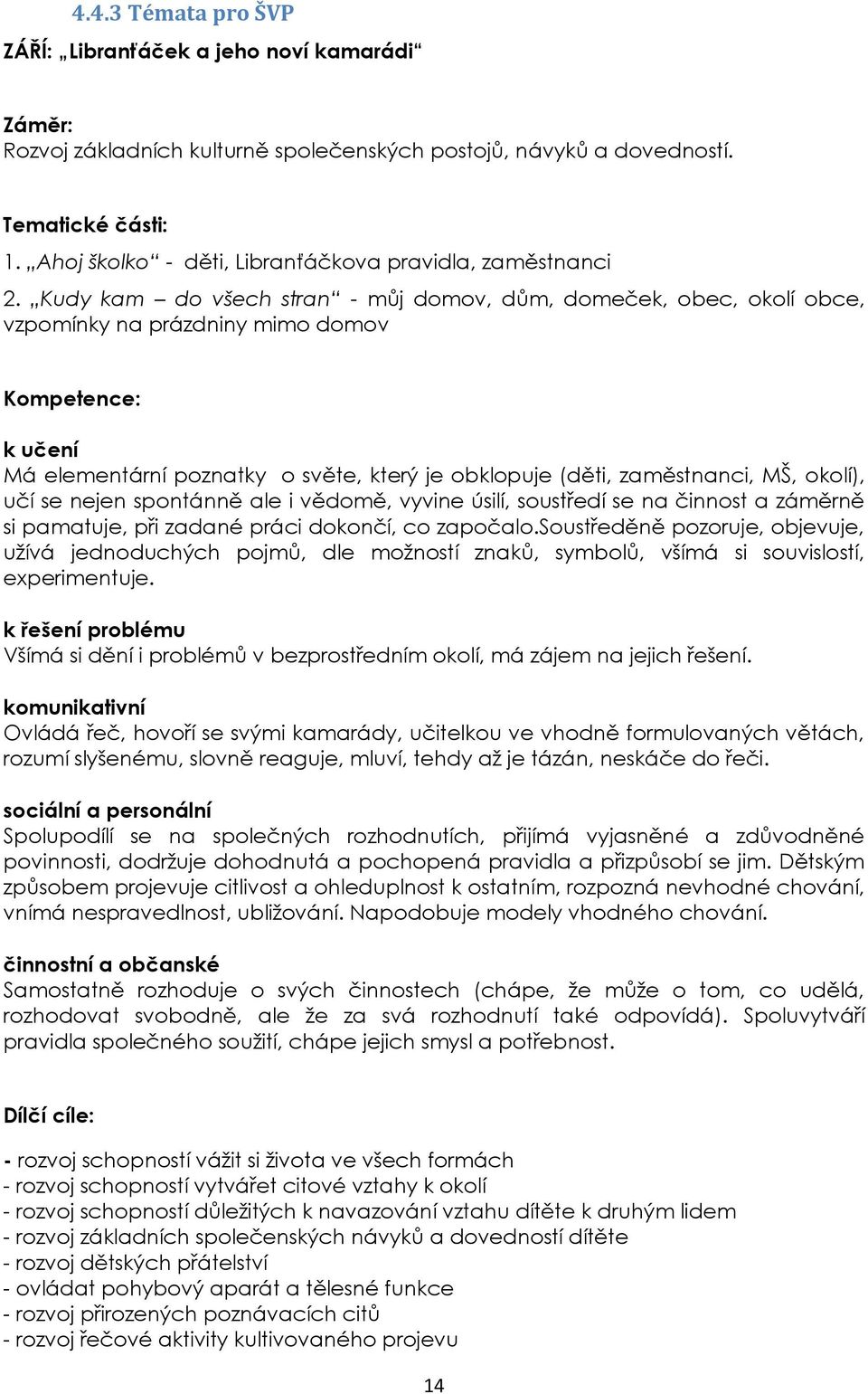 Kudy kam do všech stran - můj domov, dům, domeček, obec, okolí obce, vzpomínky na prázdniny mimo domov Kompetence: k učení Má elementární poznatky o světe, který je obklopuje (děti, zaměstnanci, MŠ,