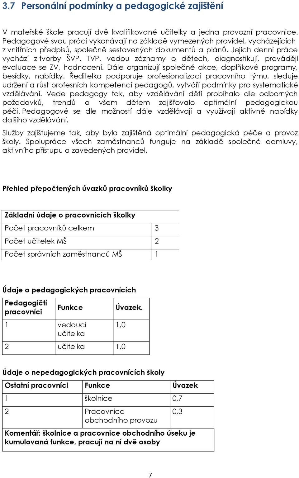 Jejich denní práce vychází z tvorby ŠVP, TVP, vedou záznamy o dětech, diagnostikují, provádějí evaluace se ZV, hodnocení. Dále organizují společné akce, doplňkové programy, besídky, nabídky.