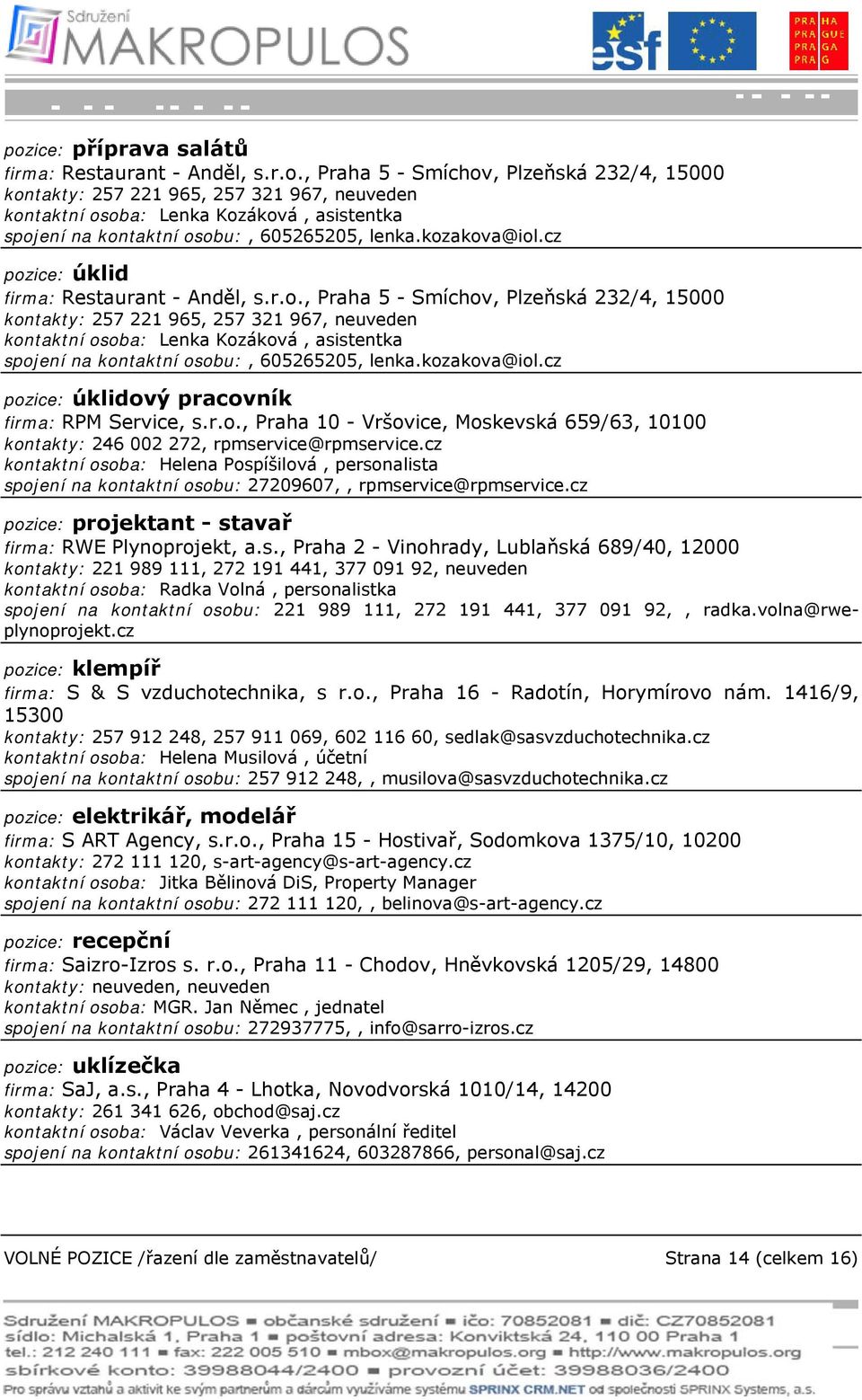 kozakova@iol.cz pozice: úklidový pracovník firma: RPM Service, s.r.o., Praha 10 - Vršovice, Moskevská 659/63, 10100 kontakty: 246 002 272, rpmservice@rpmservice.