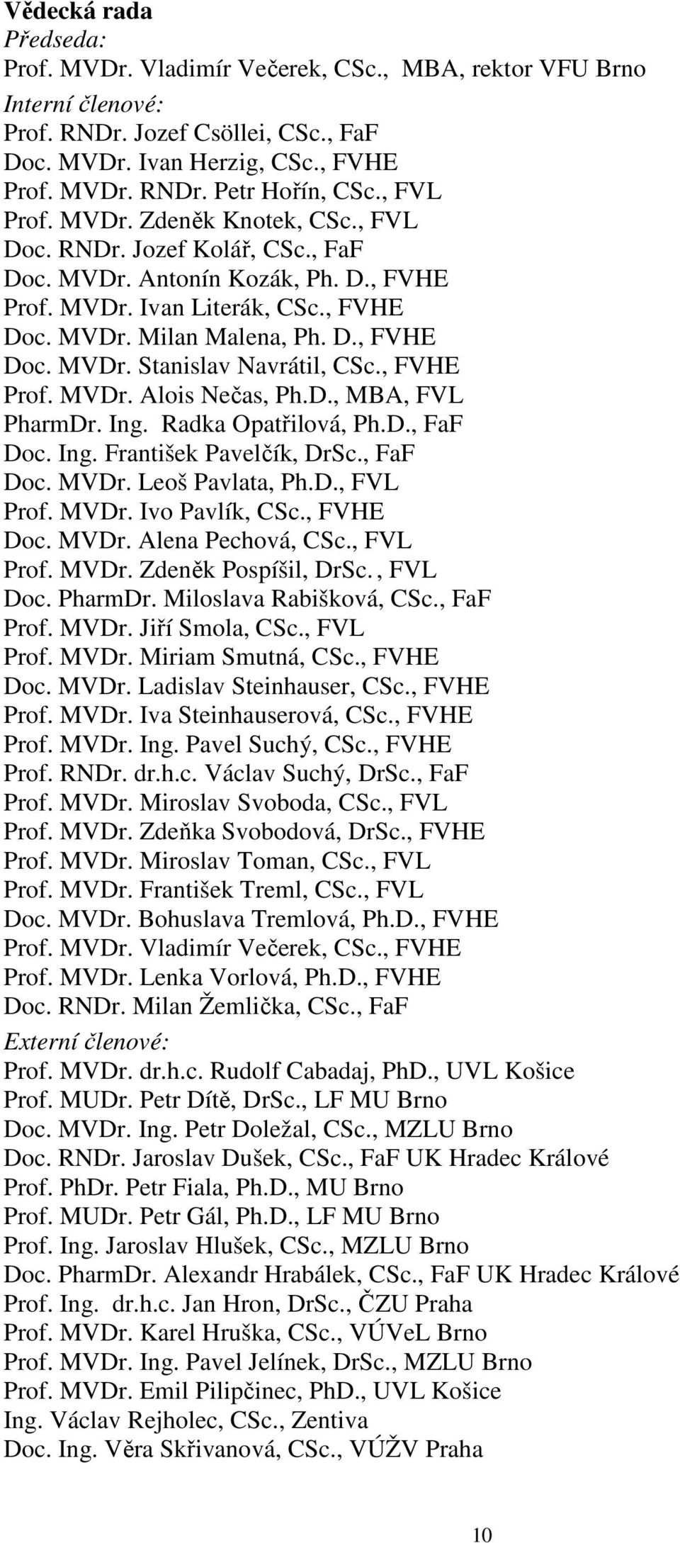 , FVHE Prof. MVDr. Alois Nečas, Ph.D., MBA, PharmDr. Ing. Radka Opatřilová, Ph.D., FaF Doc. Ing. František Pavelčík, DrSc., FaF Doc. MVDr. Leoš Pavlata, Ph.D., Prof. MVDr. Ivo Pavlík, CSc., FVHE Doc.