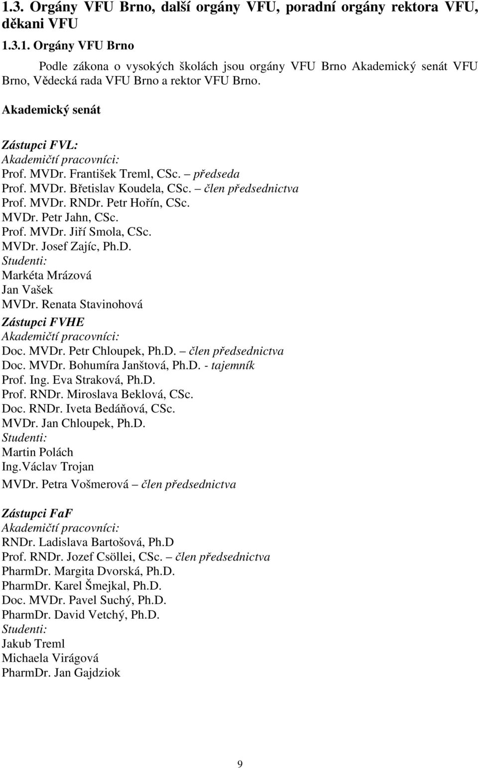 Prof. MVDr. Jiří Smola, CSc. MVDr. Josef Zajíc, Ph.D. Studenti: Markéta Mrázová Jan Vašek MVDr. Renata Stavinohová Zástupci FVHE Akademičtí pracovníci: Doc. MVDr. Petr Chloupek, Ph.D. člen předsednictva Doc.