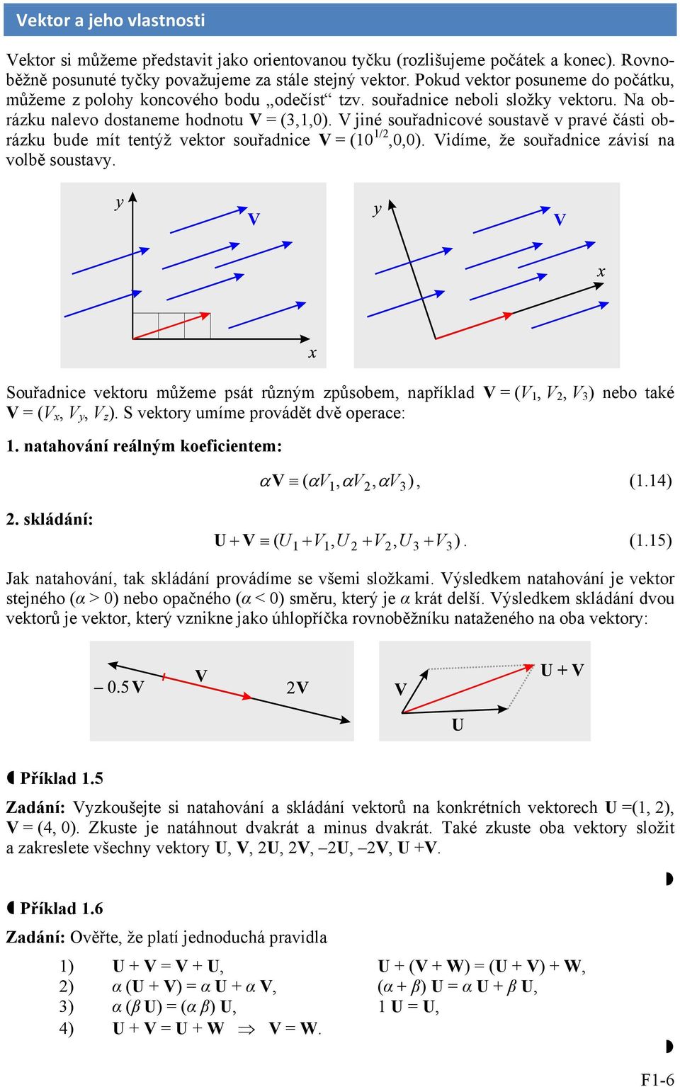 vektor souřadnice V = (10 1/2,0,0) Vidíme, že souřadnice závisí na volbě soustavy Souřadnice vektoru můžeme psát různým způsobem, například V = (V 1, V 2, V 3 ) nebo také V = (V x, V y, V z ) S