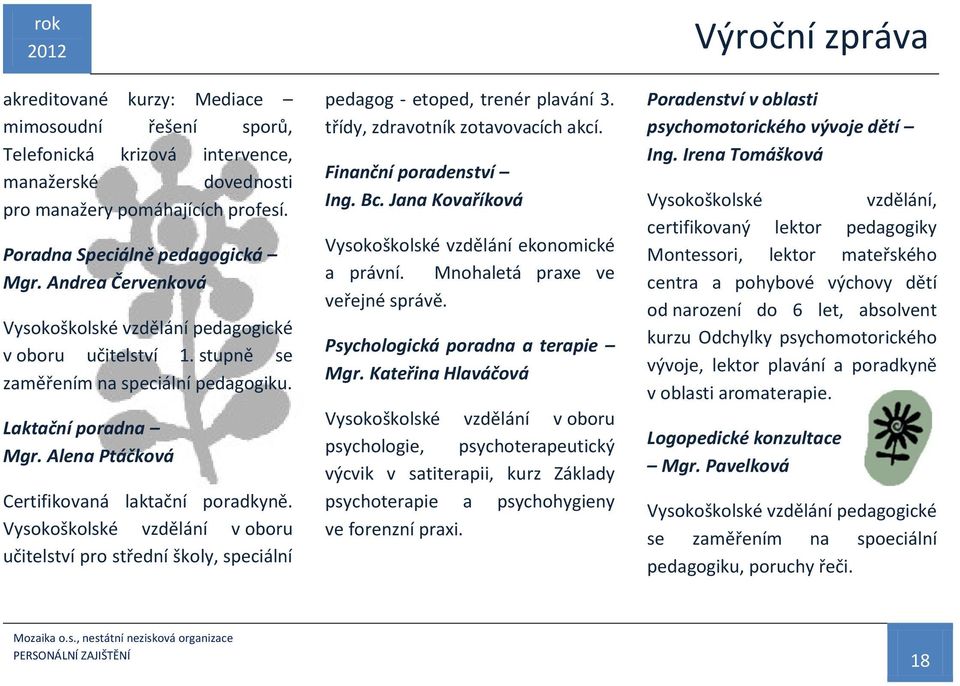 Vysokoškolské vzdělání v oboru učitelství pro střední školy, speciální pedagog - etoped, trenér plavání 3. třídy, zdravotník zotavovacích akcí. Finanční poradenství Ing. Bc.