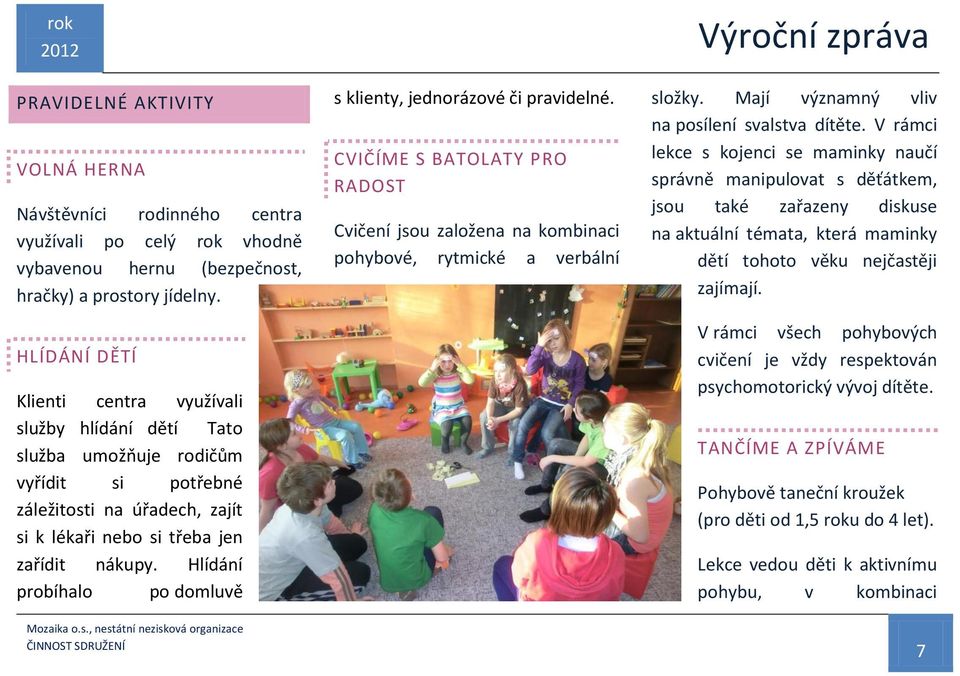 Hlídání probíhalo po domluvě s klienty, jednorázové či pravidelné. CVIČÍME S BATOLATY PRO RADOST Cvičení jsou založena na kombinaci pohybové, rytmické a verbální složky.