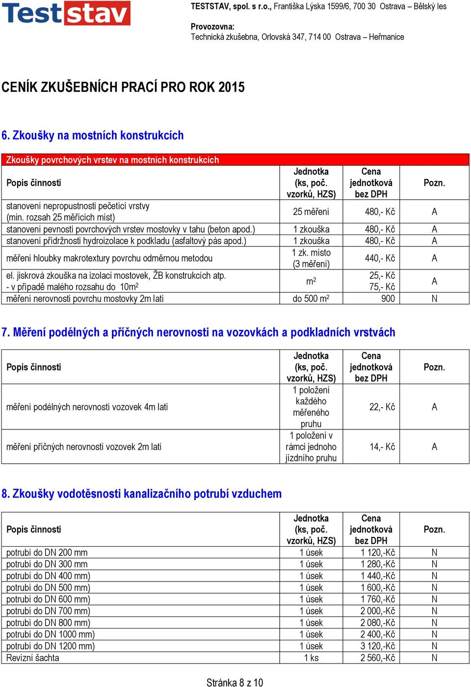 ) 1 zkouška 480,- Kč A stanovení přídržnosti hydroizolace k podkladu (asfaltový pás apod.) 1 zkouška 480,- Kč A měření hloubky makrotextury povrchu odměrnou metodou 1 zk.