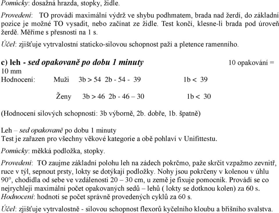 c) leh - sed opakovaně po dobu 1 minuty 10 opakování = 10 mm Hodnocení: Muži 3b > 54 2b - 54-39 1b < 39 Ženy 3b > 46 2b - 46 30 1b < 30 (Hodnocení silových schopností: 3b výborně, 2b. dobře, 1b.