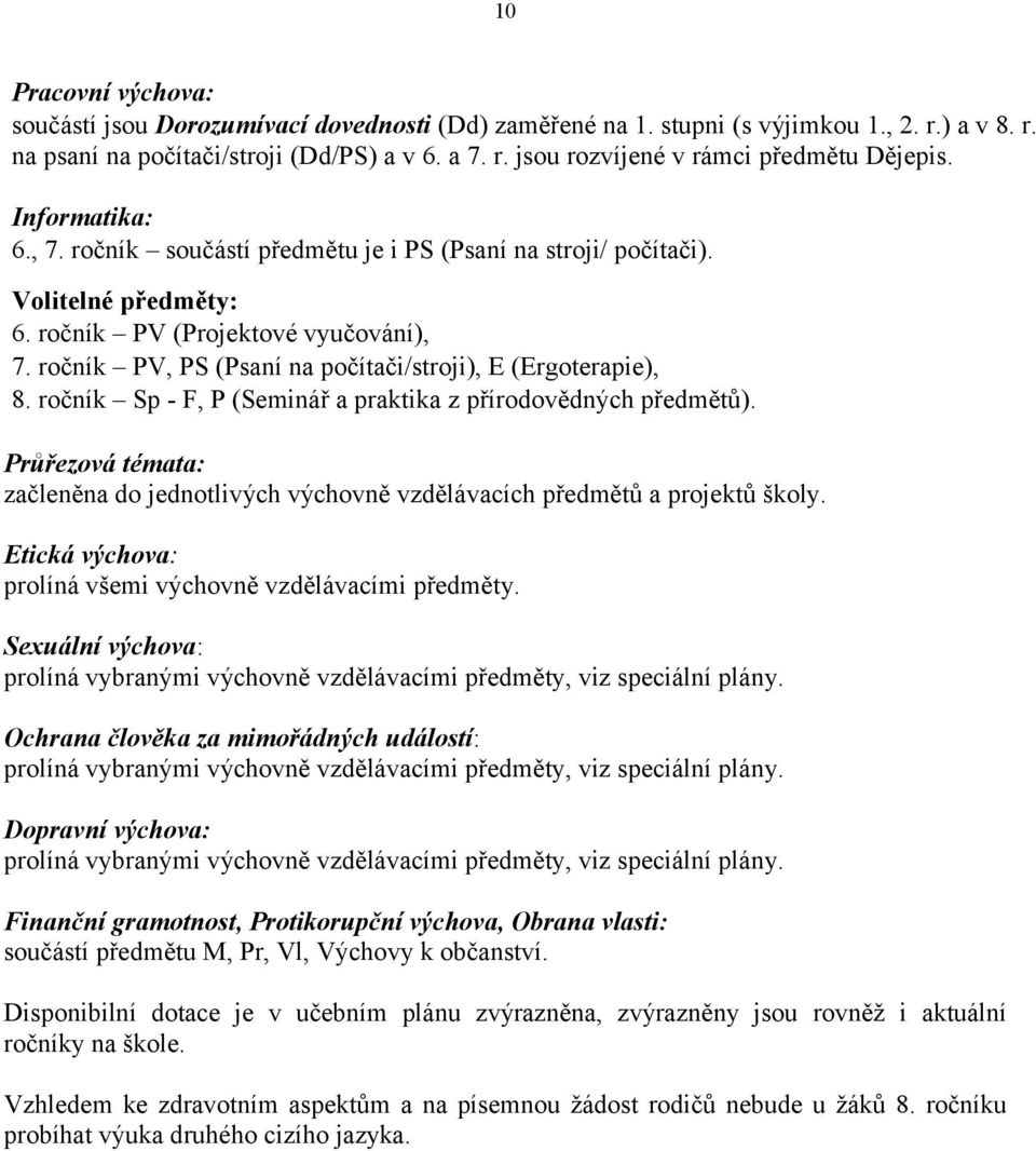 ročník PV, PS (Psaní na počítači/stroji), E (Ergoterapie), 8. ročník Sp - F, P (Seminář a praktika z přírodovědných předmětů).