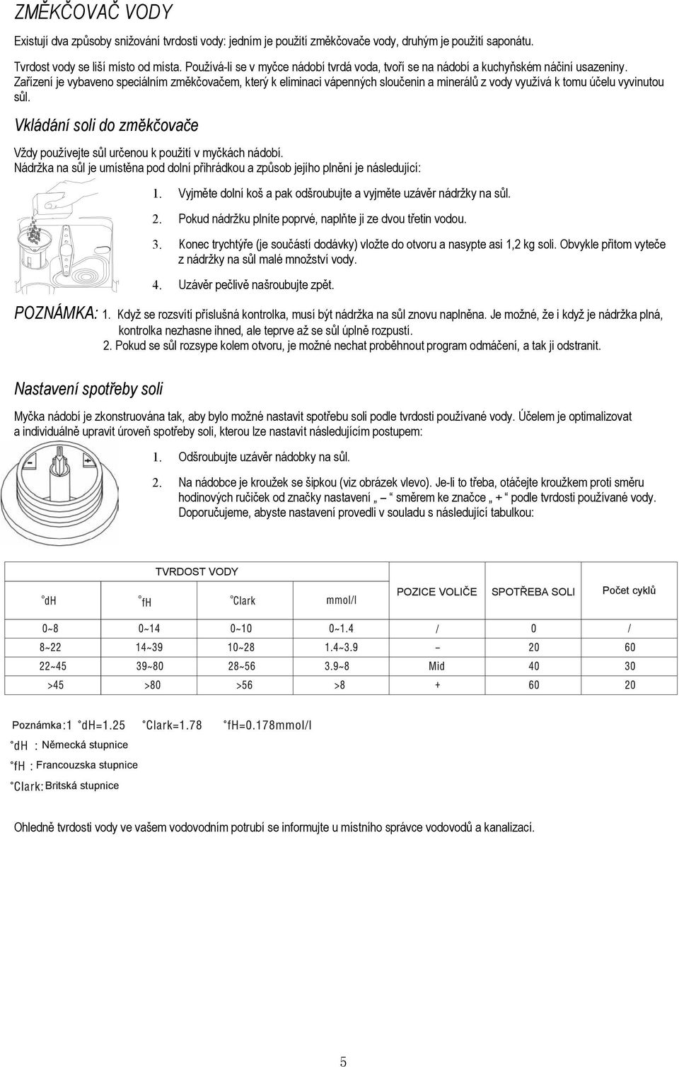 Zařízení je vybaveno speciálním změkčovačem, který k eliminaci vápenných sloučenin a minerálů z vody využívá k tomu účelu vyvinutou sůl.