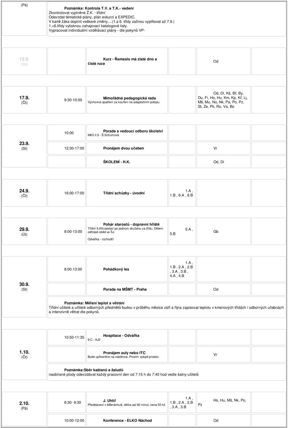 , Dl, Kš, Bř, By, St, Ze, Pk, Ro, Va, Bo 10:00 Porada s vedoucí odboru školství MěÚ č.5 - Š.Schumová 23.9. 12:30-17:00 Pronájem dvou učeben Vr ŠKOLENÍ - H.K., Dl 24.9. 16:00-17:00 Třídní schůzky - úvodní 1.