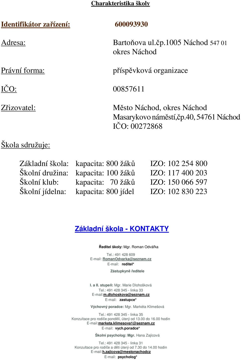 40, 54761 Náchod IČO: 00272868 Škola sdružuje: Základní škola: kapacita: 800 žáků IZO: 102 254 800 Školní družina: kapacita: 100 žáků IZO: 117 400 203 Školní klub: kapacita: 70 žáků IZO: 150 066 597