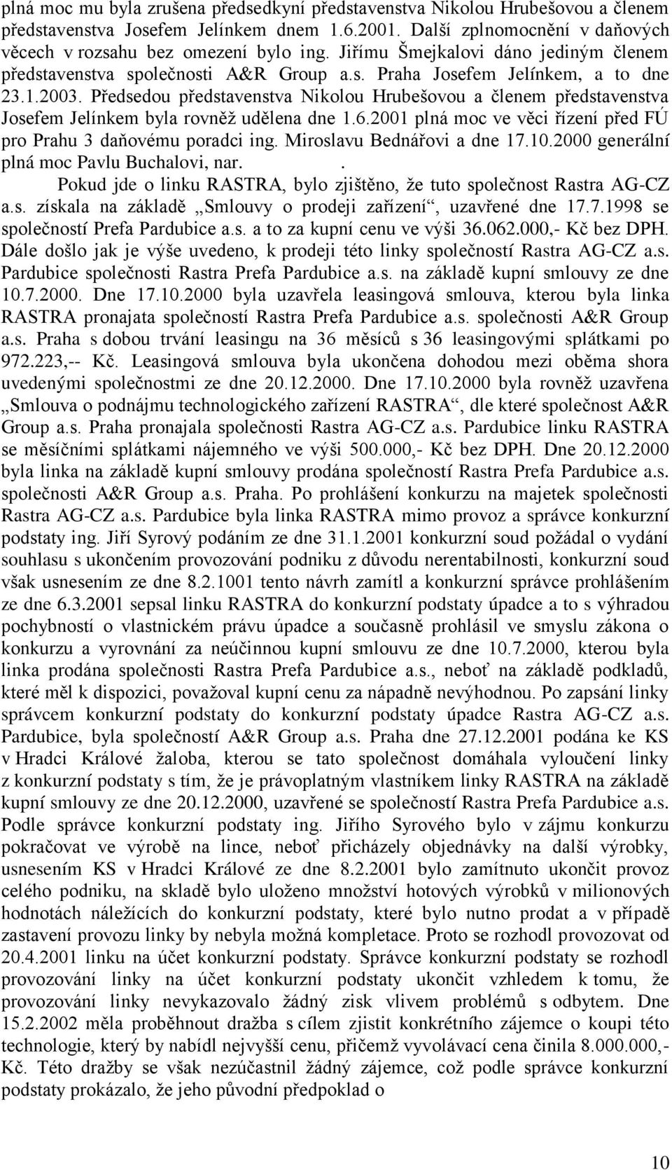 Předsedou představenstva Nikolou Hrubešovou a členem představenstva Josefem Jelínkem byla rovněž udělena dne 1.6.2001 plná moc ve věci řízení před FÚ pro Prahu 3 daňovému poradci ing.