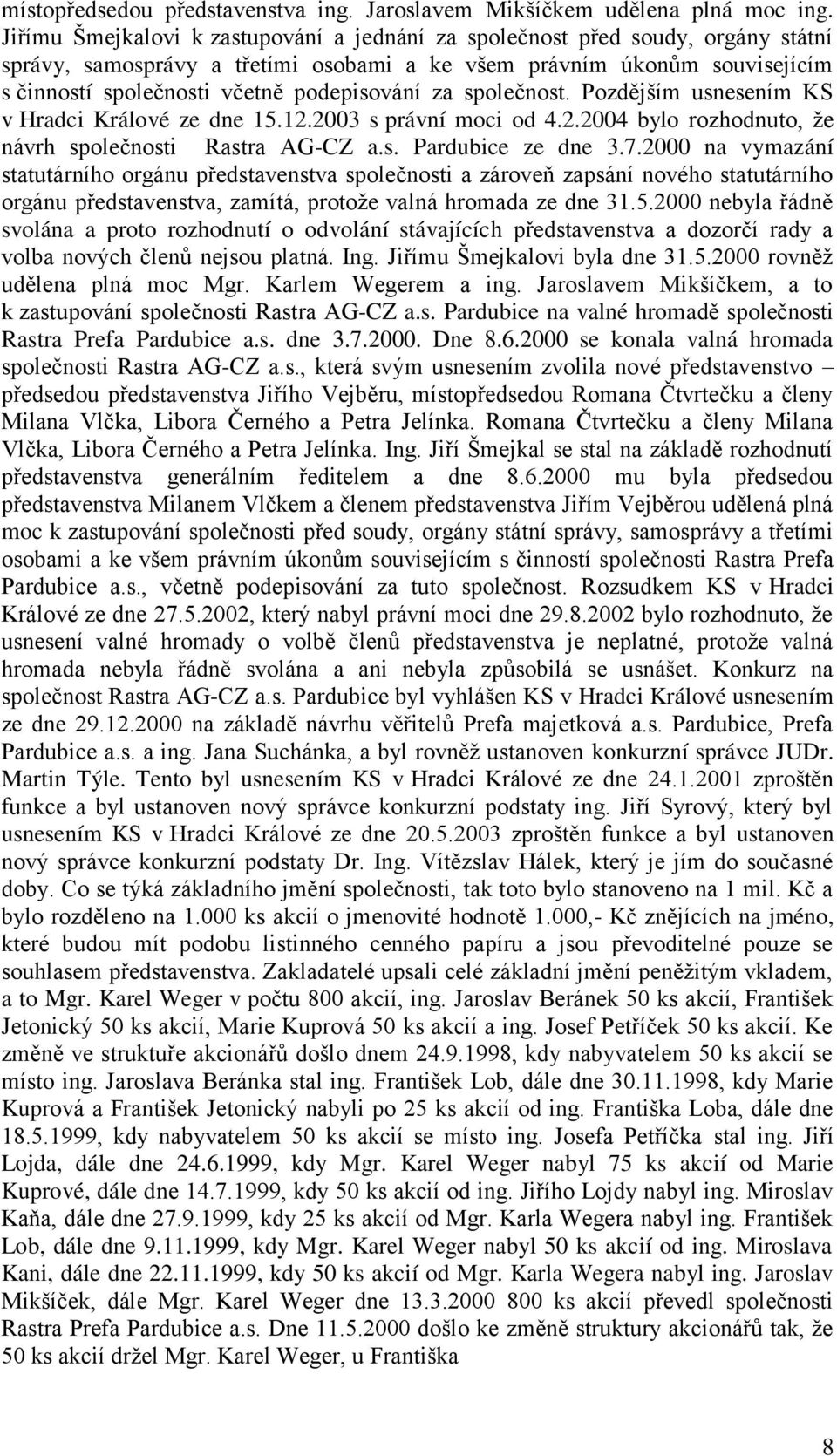 za společnost. Pozdějším usnesením KS v Hradci Králové ze dne 15.12.2003 s právní moci od 4.2.2004 bylo rozhodnuto, že návrh společnosti Rastra AG-CZ a.s. Pardubice ze dne 3.7.