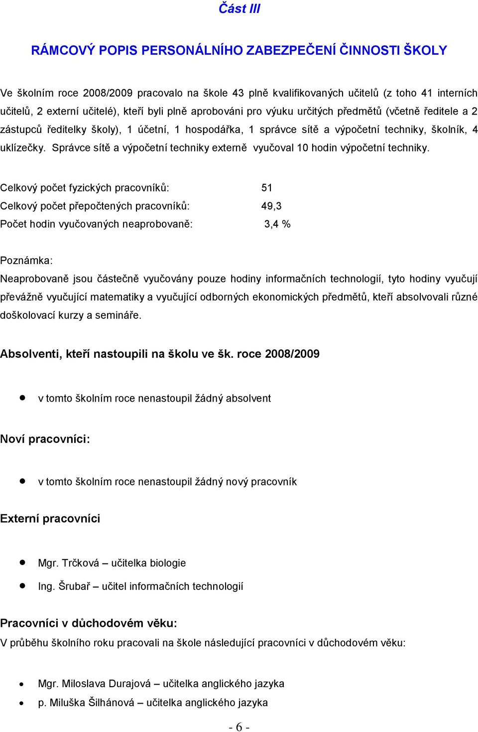 Správce sítě a výpočetní techniky externě vyučoval 10 hodin výpočetní techniky.