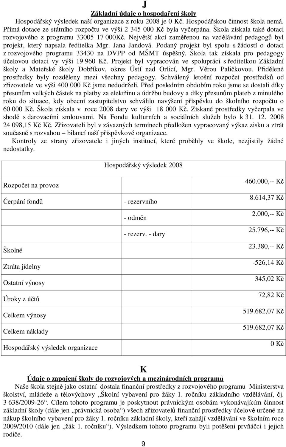 Podaný projekt byl spolu s žádostí o dotaci z rozvojového programu 33430 na DVPP od MŠMT úspšný. Škola tak získala pro pedagogy úelovou dotaci vy výši 19 960 K.