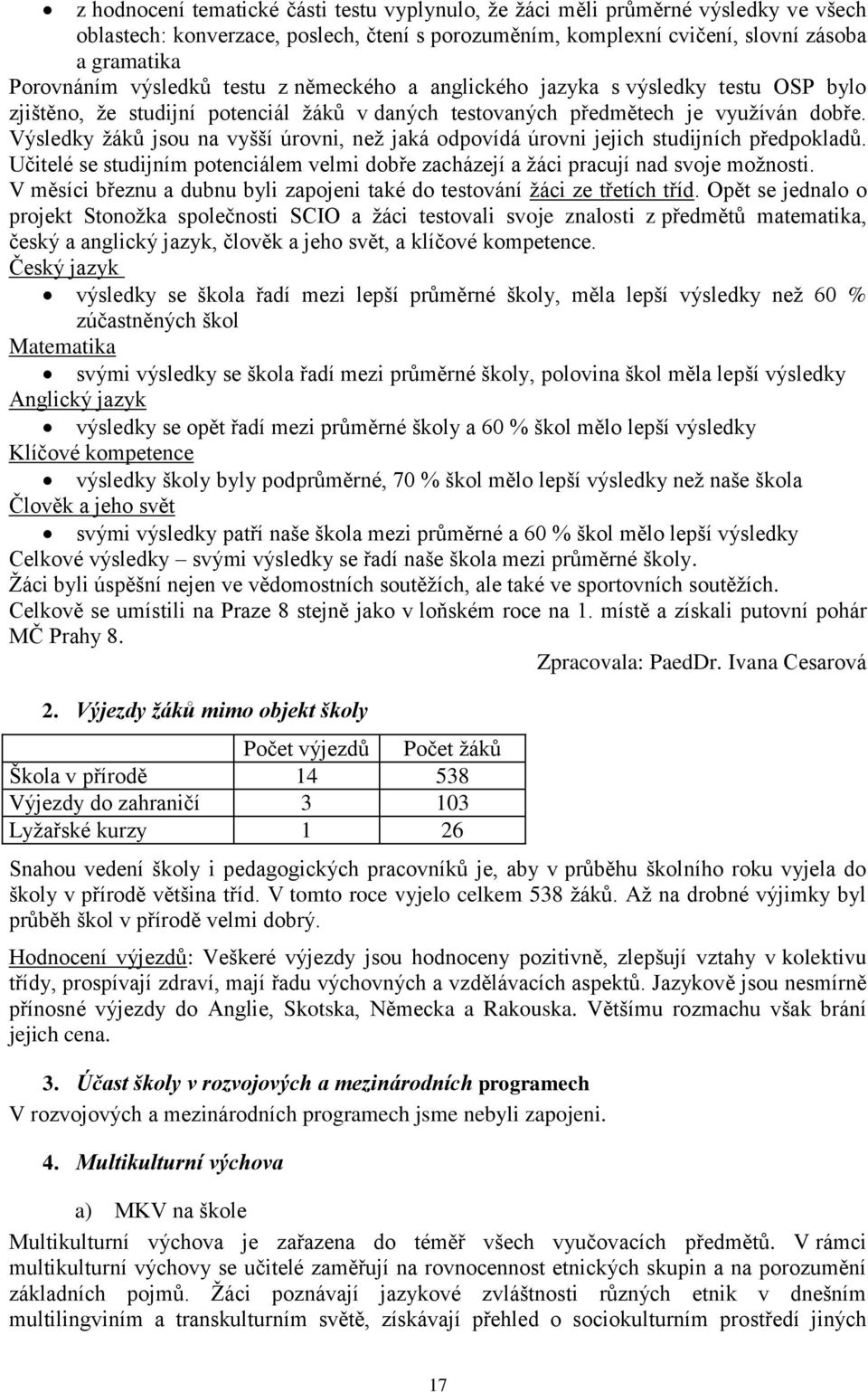 Výsledky žáků jsou na vyšší úrovni, než jaká odpovídá úrovni jejich studijních předpokladů. Učitelé se studijním potenciálem velmi dobře zacházejí a žáci pracují nad svoje možnosti.