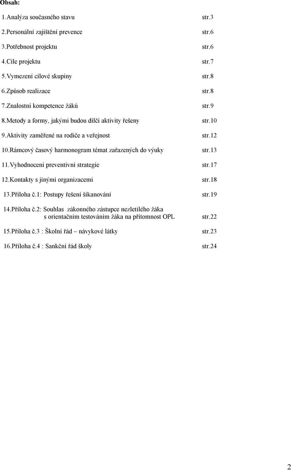 Vyhodnocení preventivní strategie 12.Kontakty s jinými organizacemi 13.Příloha č.1: Postupy řešení šikanování 14.Příloha č.2: Souhlas zákonného zástupce nezletilého žáka s orientačním testováním žáka na přítomnost OPL 15.