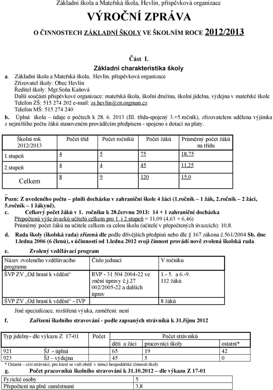 Soňa Kaňová Další součásti příspěvkové organizace: mateřská škola, školní družina, školní jídelna, výdejna v mateřské škole Telefon ZŠ: 515 274 202 e-mail: zs.hevlin@zn.orgman.