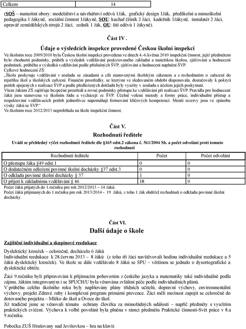 Údaje o výsledcích inspekce provedené Českou školní inspekcí Ve školním roce 2009/2010 byla Českou školní inspekcí provedena ve dnech 4.-6.