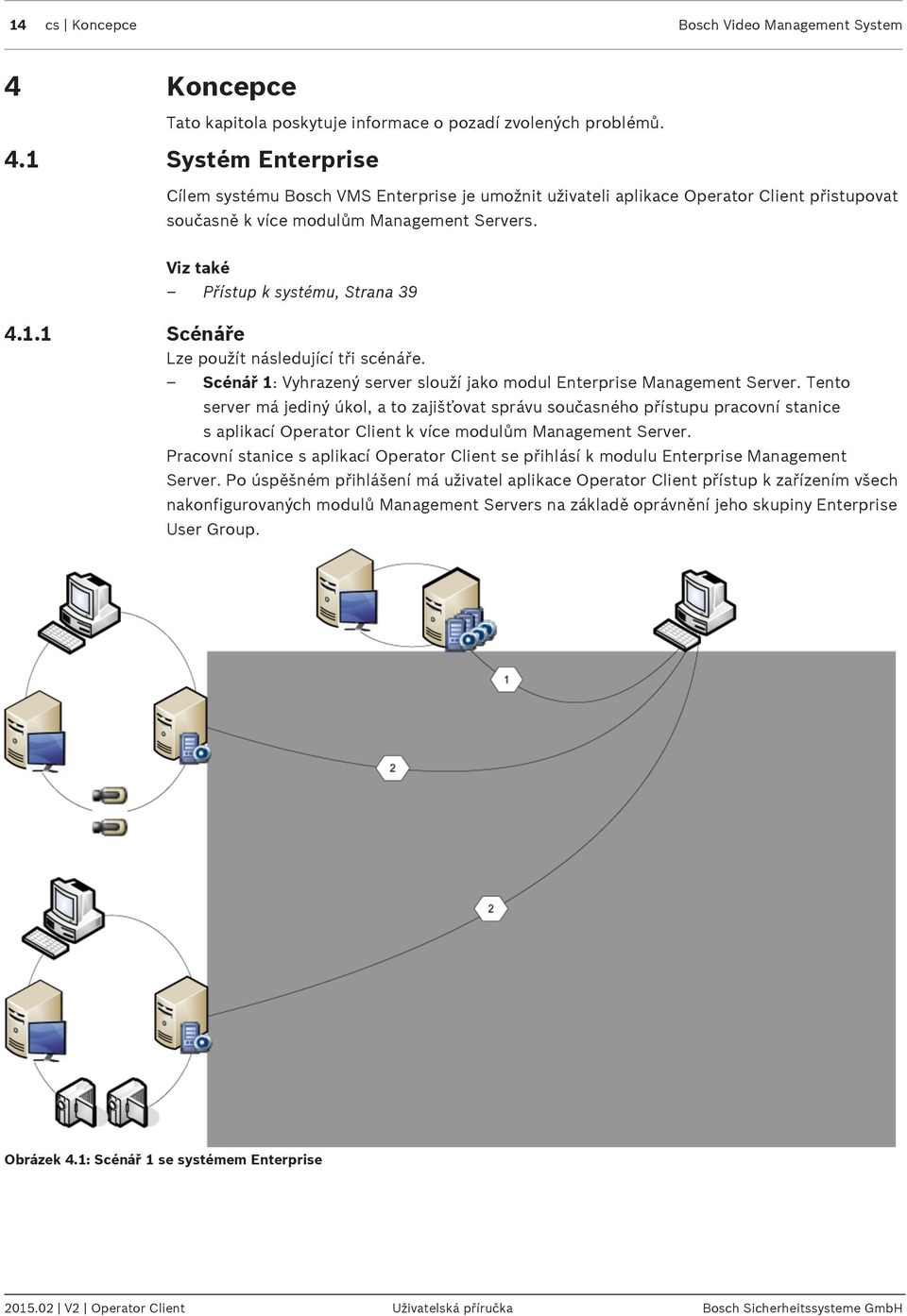 1 Systém Enterprise Cílem systému Bosch VMS Enterprise je umožnit uživateli aplikace Operator Client přistupovat současně k více modulům Management Servers. Přístup k systému, Strana 39 4.1.1 Scénáře Lze použít následující tři scénáře.