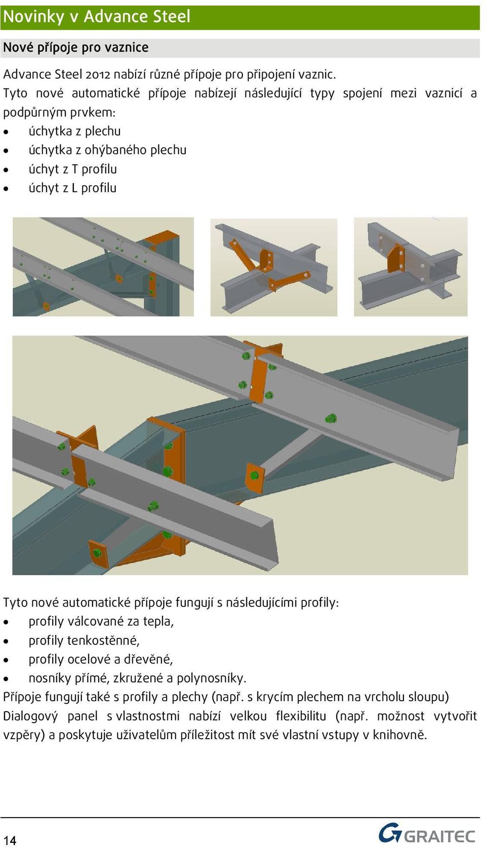 Tyto nové automatické přípoje fungují s následujícími profily: profily válcované za tepla, profily tenkostěnné, profily ocelové a dřevěné, nosníky přímé, zkružené a polynosníky.