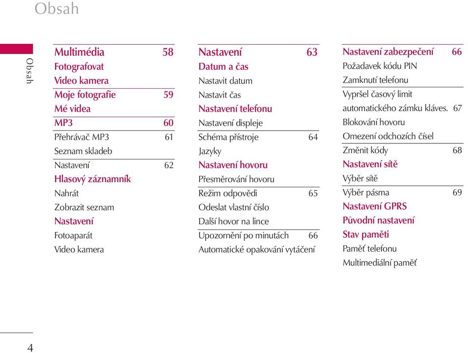 odpovědi 65 Odeslat vlastní číslo Další hovor na lince Upozornění po minutách 66 Automatické opakování vytáčení Nastavení zabezpečení 66 Požadavek kódu PIN Zamknutí telefonu Vypršel časový