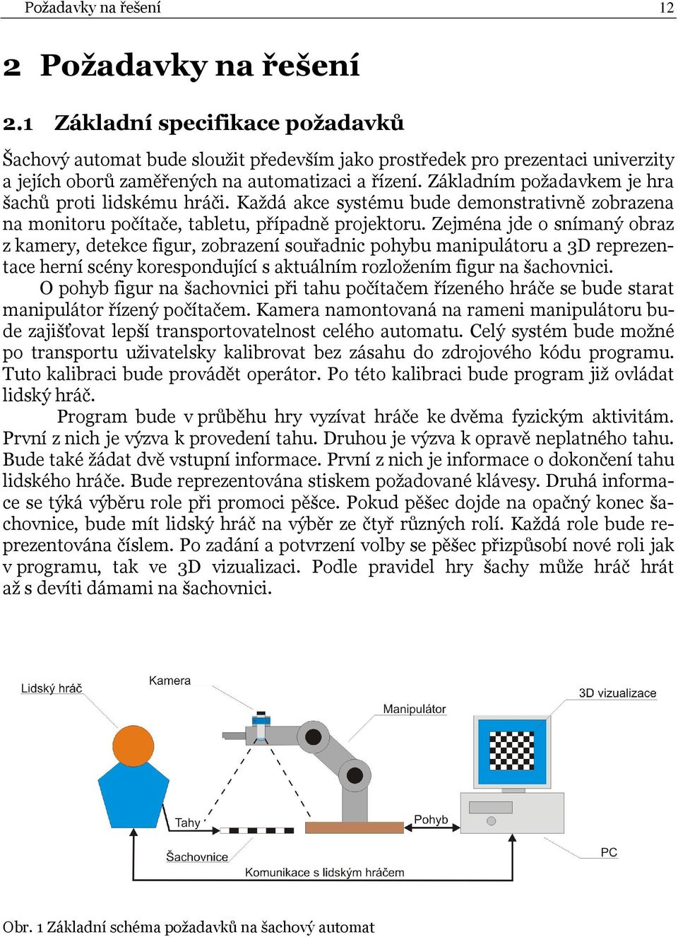 Základním požadavkem je hra šachů proti lidskému hráči. Každá akce systému bude demonstrativně zobrazena na monitoru počítače, tabletu, případně projektoru.