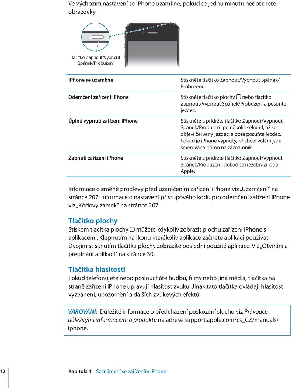 Úplné vypnutí zařízení iphone Zapnutí zařízení iphone Stiskněte a přidržte tlačítko Zapnout/Vypnout Spánek/Probuzení po několik sekund, až se objeví červený jezdec, a poté posuňte jezdec.