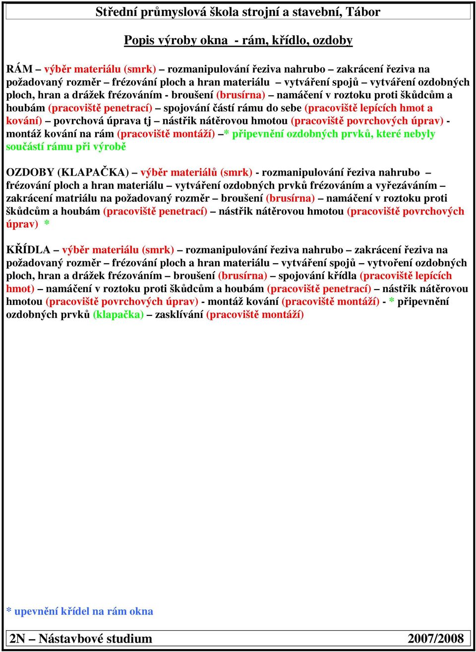 povrchová úprava tj nástřik nátěrovou hmotou (pracoviště povrchových úprav) - montáž kování na rám (pracoviště montáží) * připevnění ozdobných prvků, které nebyly součástí rámu při výrobě OZDOBY