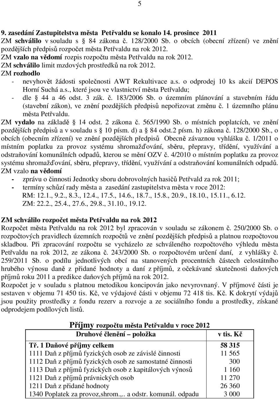 ZM schválilo limit mzdových prostředků na rok 2012. ZM rozhodlo - nevyhovět žádosti společnosti AWT Rekultivace a.s. o odprodej 10 ks akcií DEPOS Horní Suchá a.s., které jsou ve vlastnictví města Petřvaldu; - dle 44 a 46 odst.