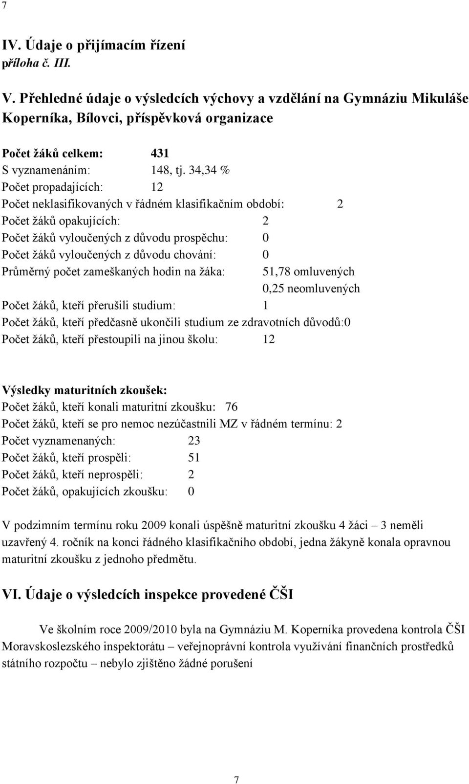 34,34 % Počet propadajících: 12 Počet neklasifikovaných v řádném klasifikačním období: 2 Počet ţáků opakujících: 2 Počet ţáků vyloučených z důvodu prospěchu: 0 Počet ţáků vyloučených z důvodu