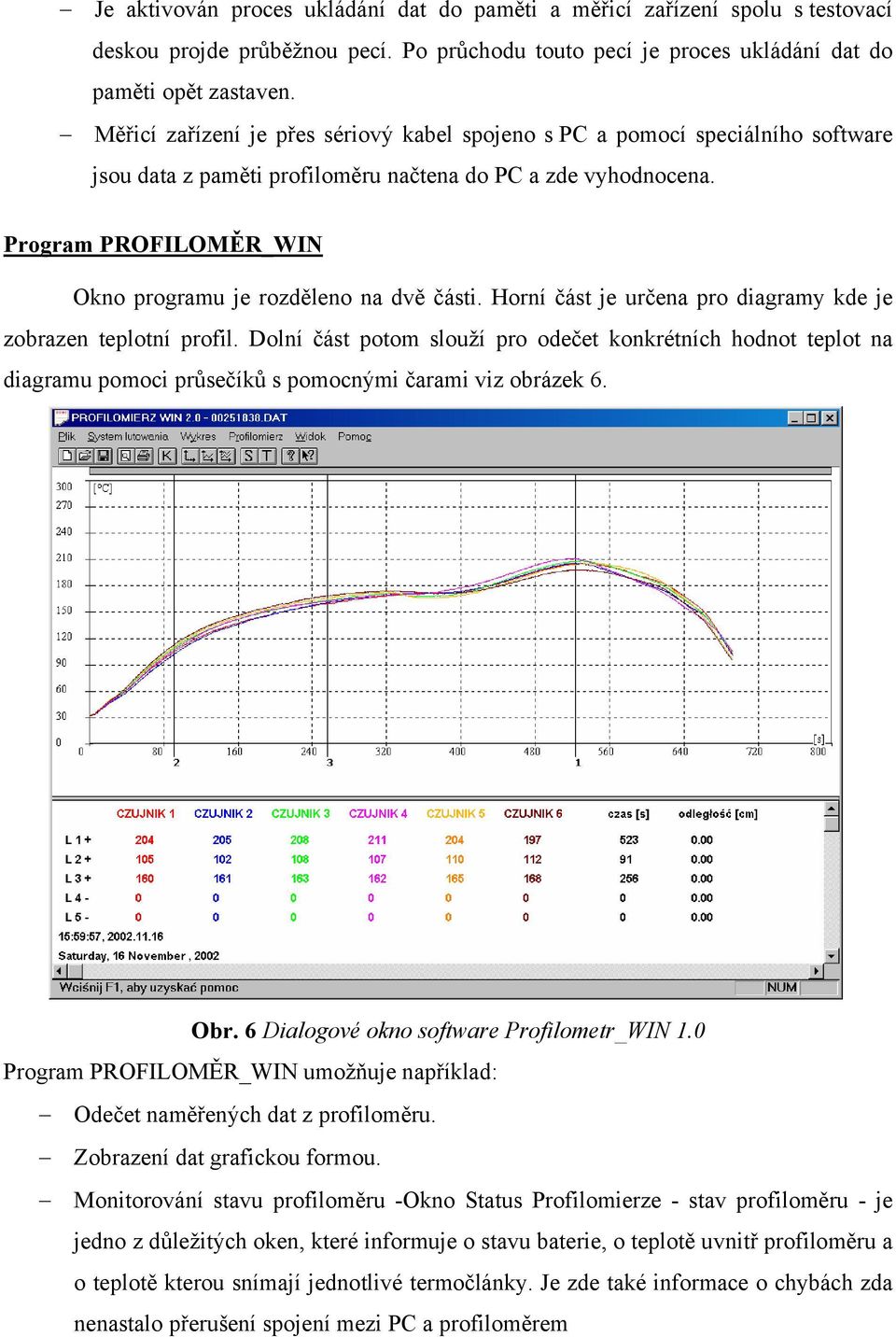 Program PROFILOMĚR_WIN Okno programu je rozděleno na dvě části. Horní část je určena pro diagramy kde je zobrazen teplotní profil.