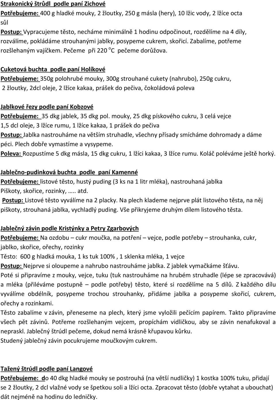 Cuketová buchta podle paní Holíkové Potřebujeme: 350g polohrubé mouky, 300g strouhané cukety (nahrubo), 250g cukru, 2 žloutky, 2dcl oleje, 2 lžíce kakaa, prášek do pečiva, čokoládová poleva Jablkové