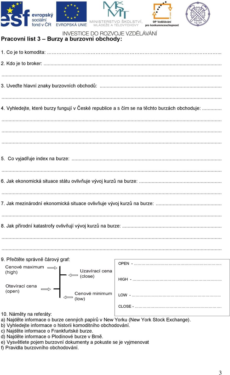 Jak mezinárodní ekonomická situace ovlivňuje vývoj kurzů na burze:... 8. Jak přírodní katastrofy ovlivňují vývoj kurzů na burze:... 9. Přečtěte správně čárový graf: OPEN -.. HIGH - LOW - CLOSE -. 10.