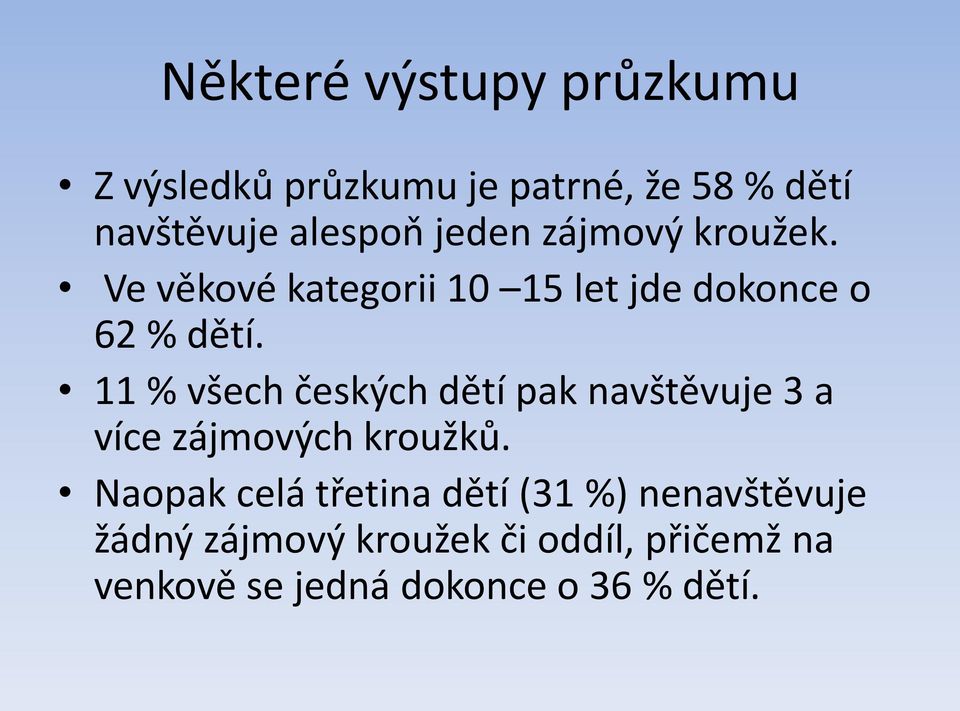 11 % všech českých dětí pak navštěvuje 3 a více zájmových kroužků.