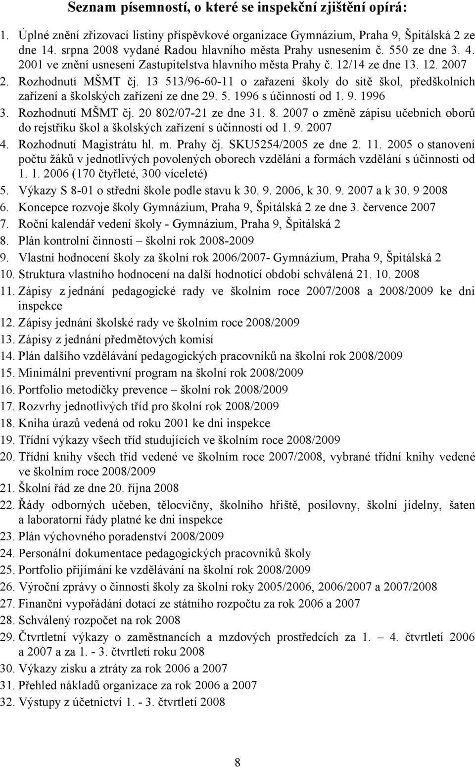 13 513/96-60-11 o zařazení školy do sítě škol, předškolních zařízení a školských zařízení ze dne 29. 5. 1996 s účinností od 1. 9. 1996 3. Rozhodnutí MŠMT čj. 20 80