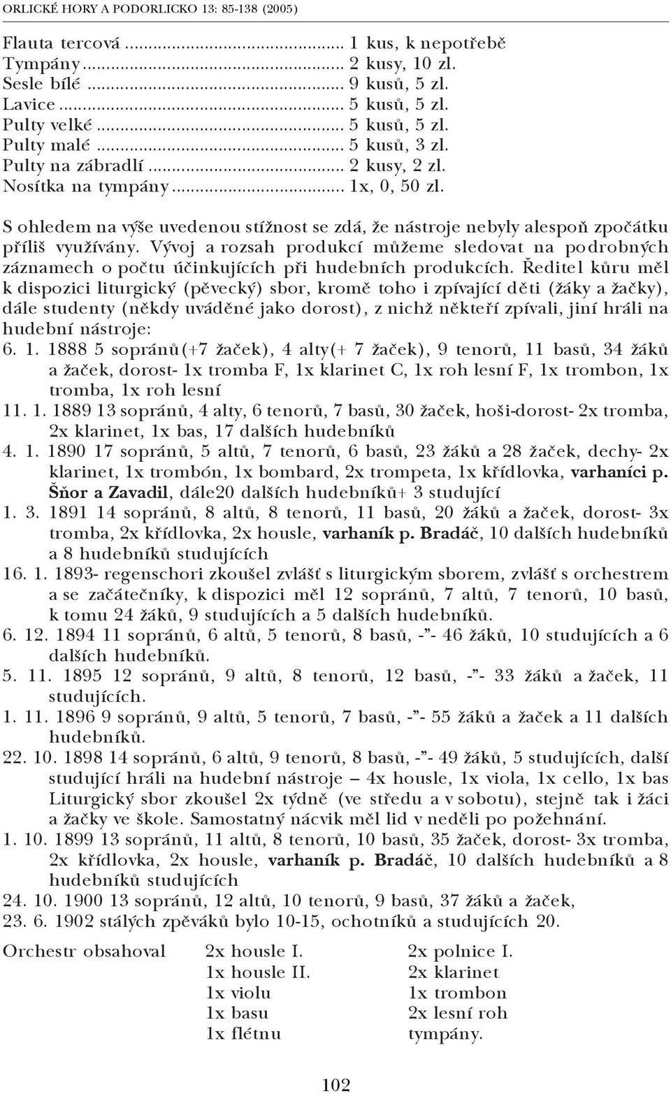 Vývoj a rozsah produkcí můžeme sledovat na podrobných záznamech o počtu účinkujících při hudebních produkcích.