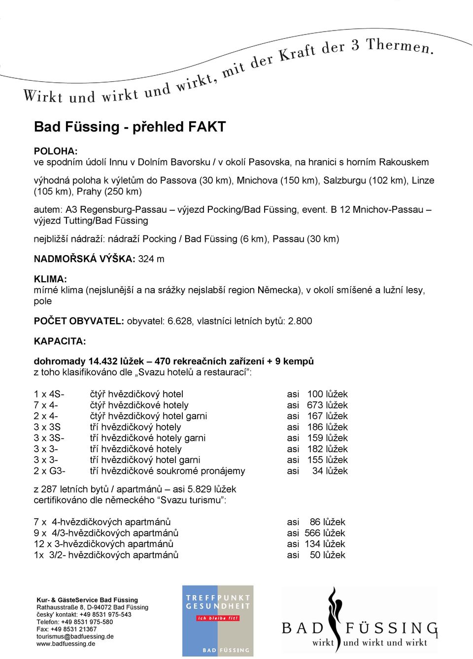 B 12 Mnichov-Passau výjezd Tutting/Bad Füssing nejbližší nádraží: nádraží Pocking / Bad Füssing (6 km), Passau (30 km) NADMOŘSKÁ VÝŠKA: 324 m KLIMA: mírné klima (nejslunější a na srážky nejslabší