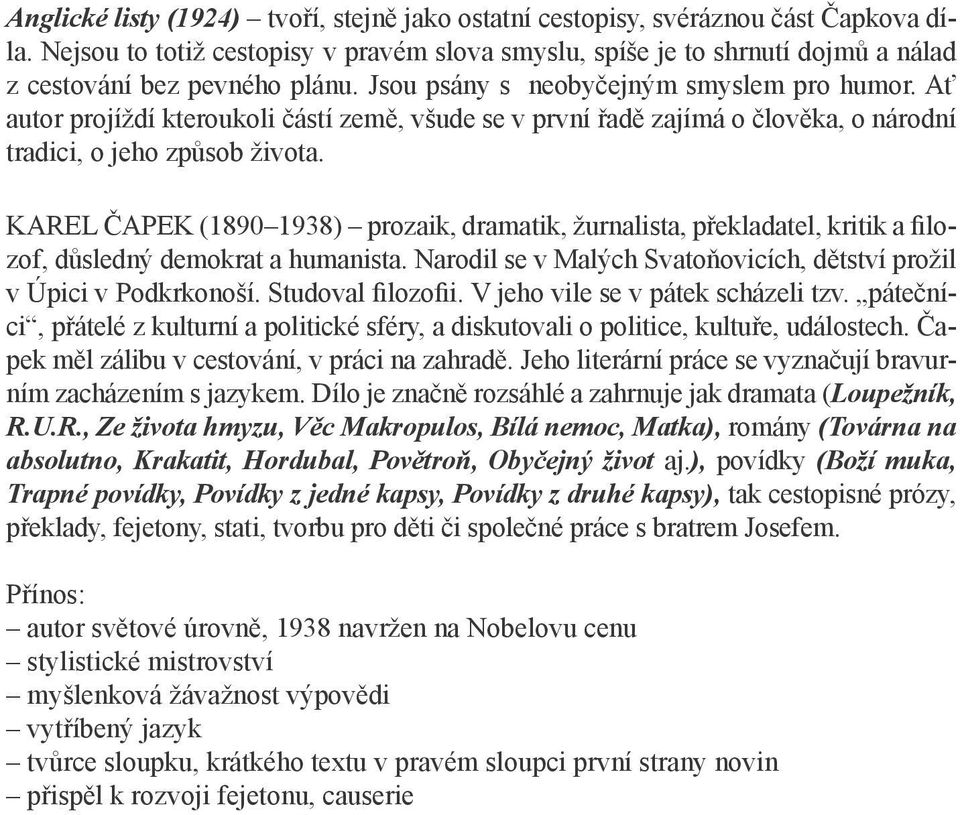 školní četba Karel Čapek ANGLICKÉ LISTY - PDF Stažení zdarma